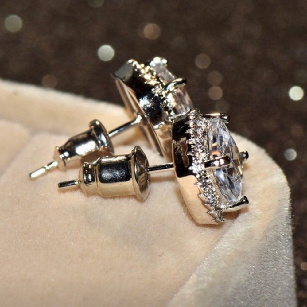 *NEW Silver Cushion Diamond Halo Stud Earrings - Picture 6 of 8